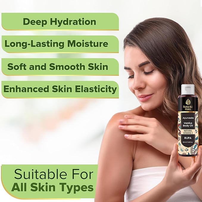 Botanic Rain Vanilla Ayurveda Body Oil After Shower for Dry, Crepey & Flaky Skin – Non Greasy Lightweight Moisturizer for Women & Men, 3.38 fl oz (1, Vanilla)