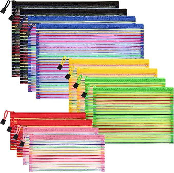 Sinzip 12 Pieces Zipper Nylon Mesh Pouch, Mesh Cosmetic Bags Makeup Bags Pencil Case, Multipurpose Travel Bags for Cosmetic School Office Supplies and Travel Accessories (Multicolor A, Assorted Sizes)