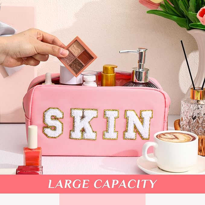 Remerry 4 Pcs Nylon Makeup Bags Waterproof Spacious Travel Cosmetic Bag for Women Chenille Letter Preppy Zipper Pouch Face Stuff Skin Hair Organizer Gift(Pink)