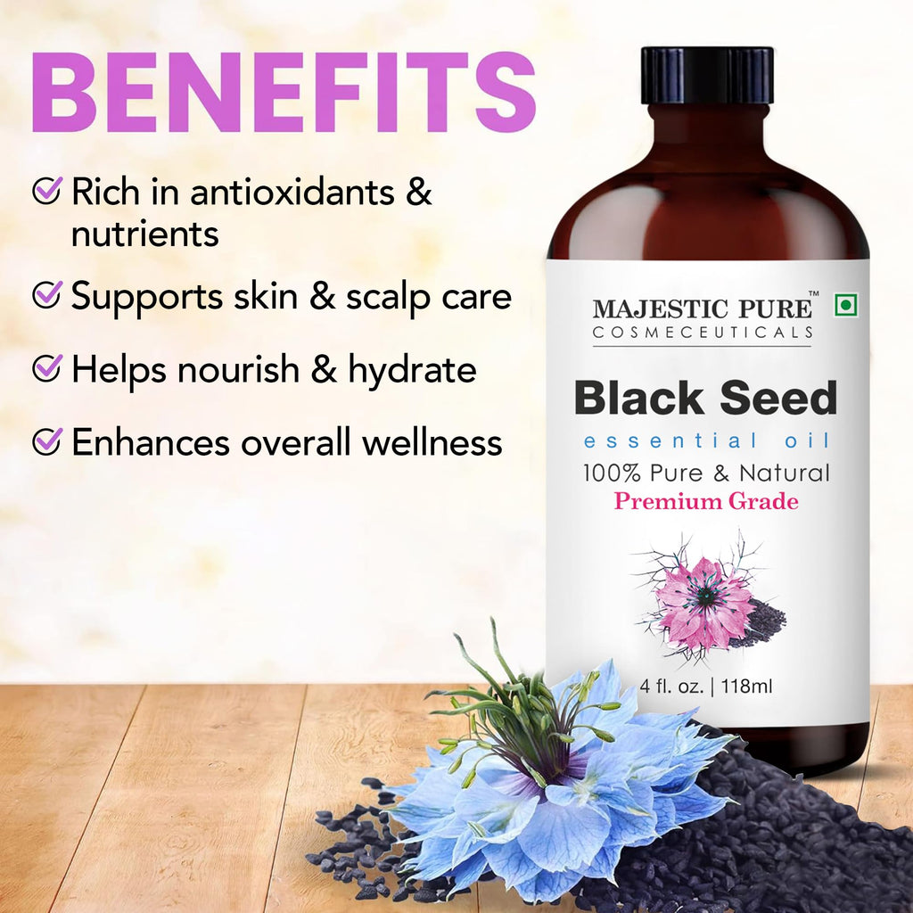 Majestic Pure Essential Oil with Glass Dropper - 100% Pure and Natural - Essential Oils for Diffuser, Aromatherapy, Soap and Candle Making, Blackseed Essential Oil, Blackseed Oil, 4 Fl Oz
