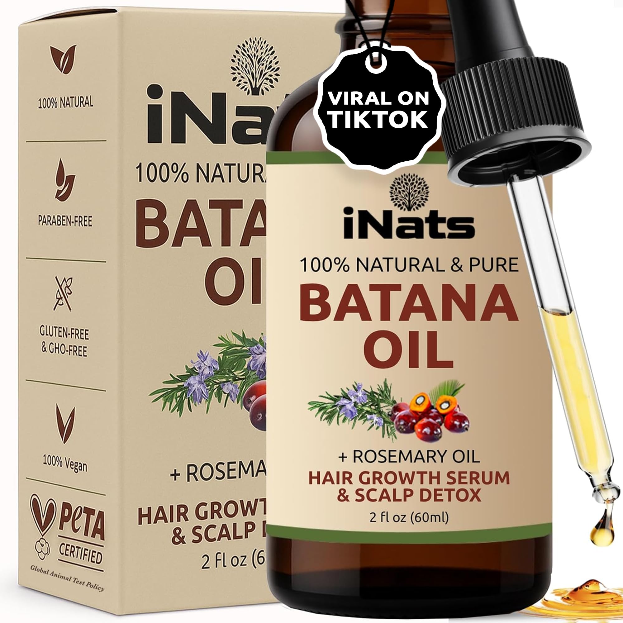 iNats Batana & Rosemary Hair Growth Serum (2 Fl Oz) - Nourish & Detox Scalp for Thicker, Stronger, Longer - Dr. Sebi Recommended, Natural Hair Oil for Women & Men – Intensive Repair & Nourishing