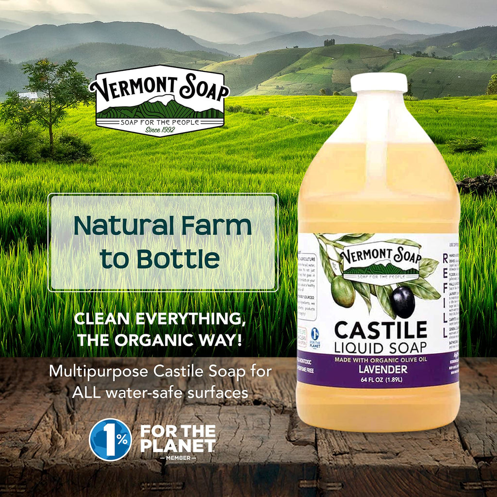 Vermont Castile Soap Lavender, Gentle Liquid Soap for Sensitive Skin & Natural Body Wash, Organic Hair Shampoo for Oily Hair, Aloe Castile Soap for Men & Women - 64 Oz