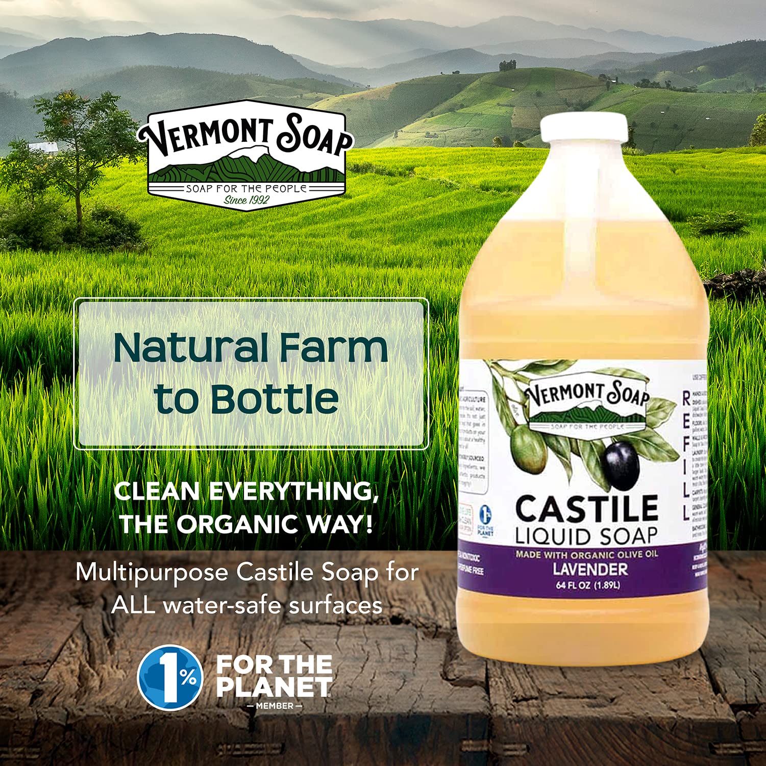 Vermont Castile Soap Lavender, Gentle Liquid Soap for Sensitive Skin & Natural Body Wash, Organic Hair Shampoo for Oily Hair, Aloe Castile Soap for Men & Women - 64 Oz