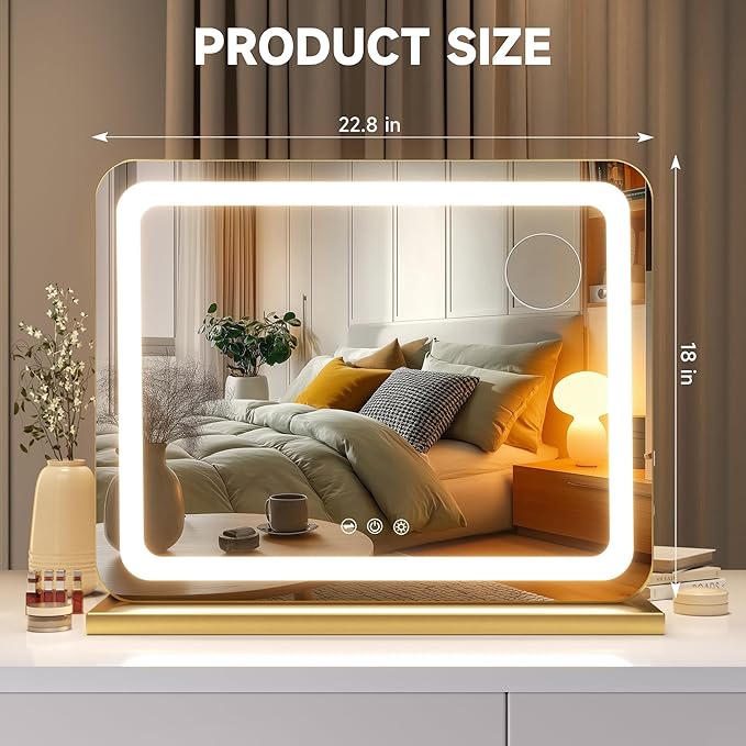 Hasipu Vanity Mirror with Lights, 22.8" x 18" LED Makeup Mirror, Lighted Makeup Mirror with Dimmable 3 Modes, Touch Screen Control Vanity Mirror Round Gold