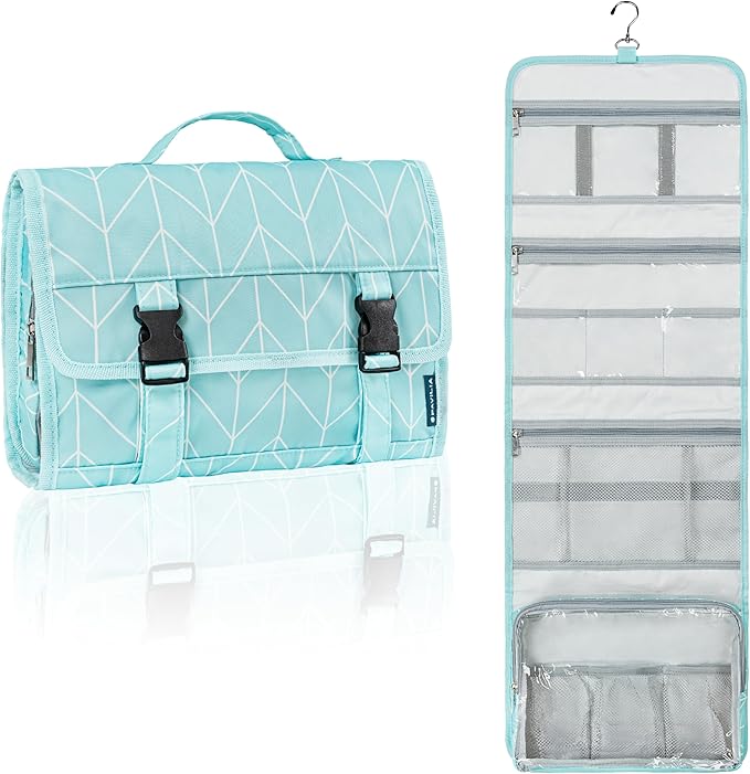 PAVILIA Travel Hanging Toiletry Bag for Women Men, Extra Large Capacity Makeup Bag Kit, Waterproof Cosmetic Storage Organizer Case for Bathroom Shower, Teal Chevron