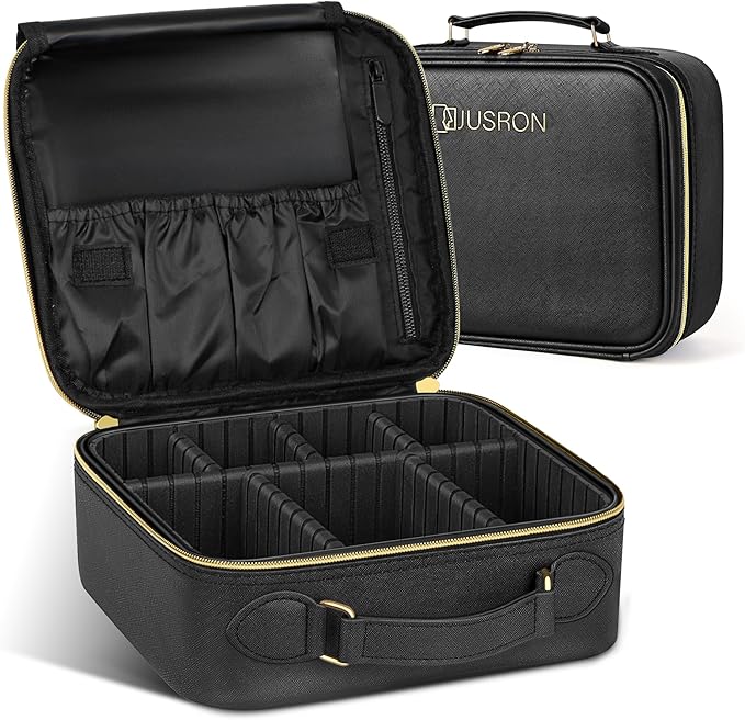 JUSRON Travel Makeup Bag Portable Storage Bag with Adjustable Dividers for Cosmetics Makeup Brushes for Women Beauty Tools Accessories Case (Black), MR0041