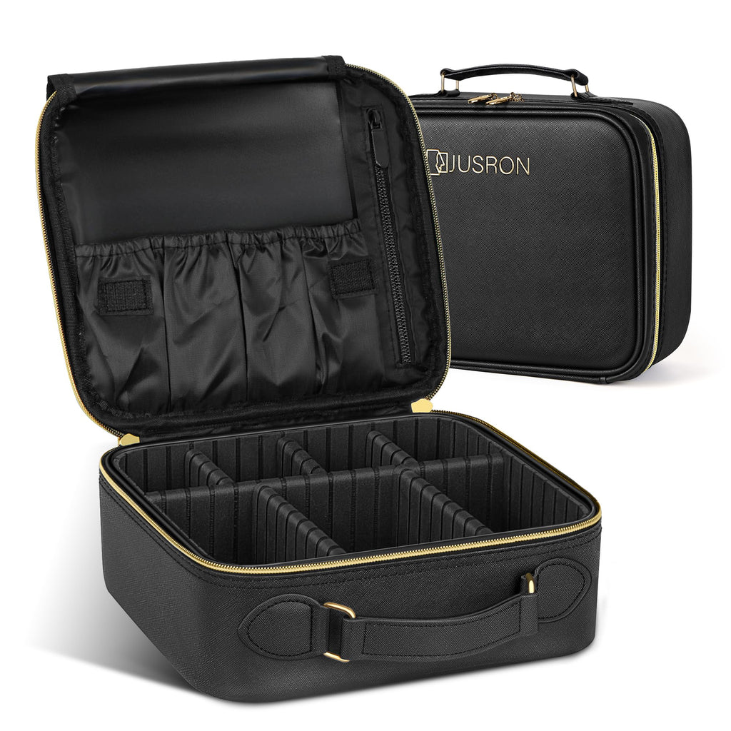 JUSRON Travel Makeup Bag Portable Storage Bag with Adjustable Dividers for Cosmetics Makeup Brushes for Women Beauty Tools Accessories Case (Black), MR0041