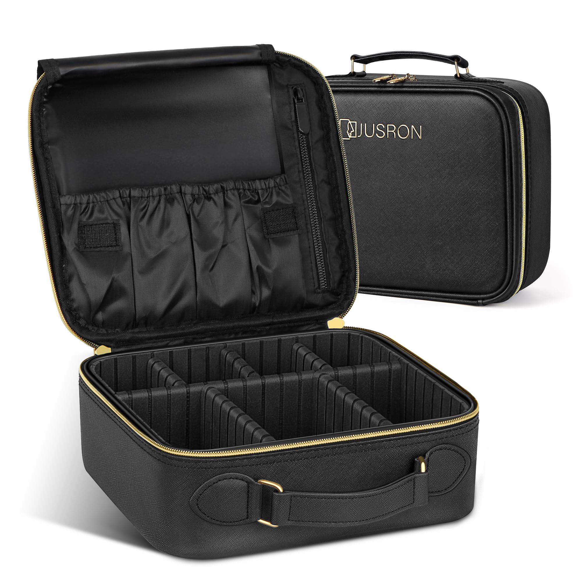 JUSRON Travel Makeup Bag Portable Storage Bag with Adjustable Dividers for Cosmetics Makeup Brushes for Women Beauty Tools Accessories Case (Black), MR0041