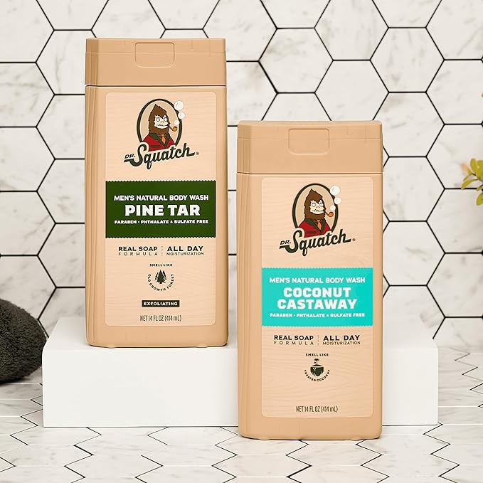 Dr. Squatch Natural Men's Body Wash Shower Gel - Cleansing, Nourishing, Long Lasting Scent, Moisturizing Body Wash for Men - Pine Tar + Coconut Castaway (14 oz, 2-Pack)