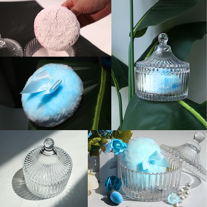 2 Pcs Large Body Powder Puff and Container Powder Container with Puff Powder Puff Crystal Soft Washable Reusable Velour Face Body Glitter Powder Puff Wet Dry Makeup (Blue)