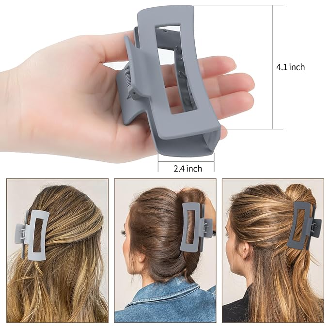 Sisiaipu 4 Inch Big Hair Claw Clips 6 Pcs Large Claw for Thick Hair Square Hair Clips for Women Rectangle Hair Clips Nonslip Acrylic Banana Jaw Clips Hair Accessories for Girls (Grey)