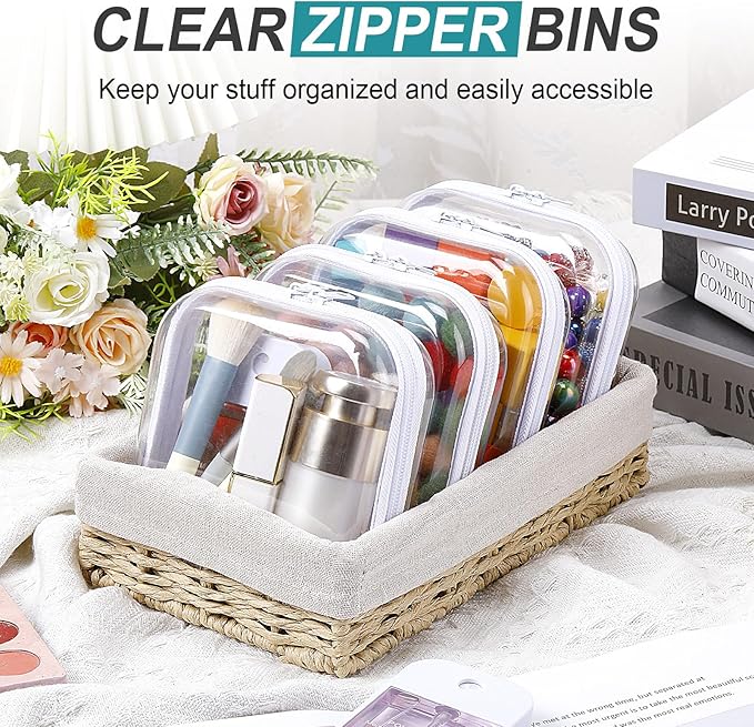 Hoolerry 4 Pcs Hard Clear Zipper Case Makeup Bags Plastic Zipper Pouch Transparent Storage Box Containers for Cosmetics, Snacks, Building Blocks, Puzzles(Clear,5 x 5 x 2 in,White)