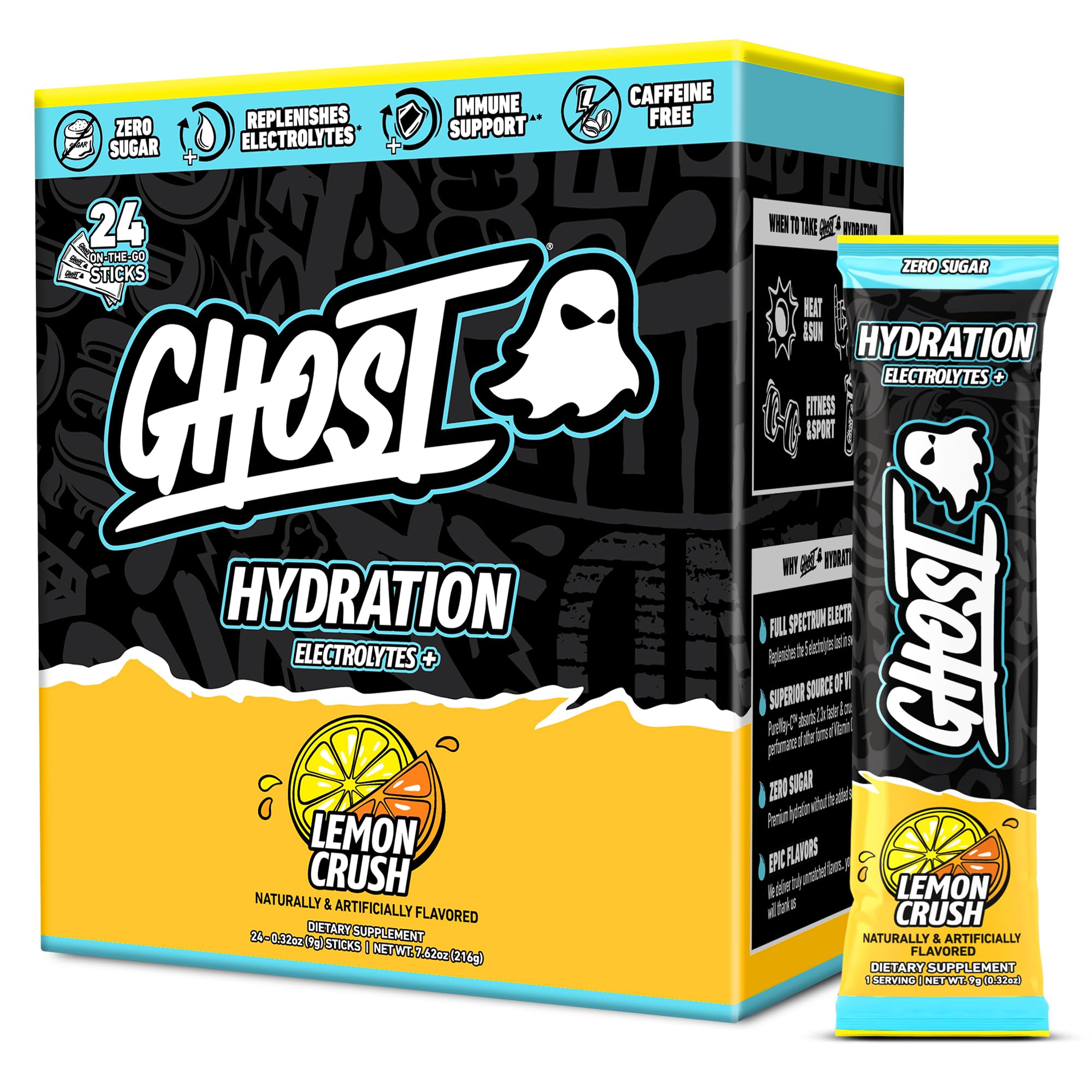 GHOST Hydration Sticks, 24 Electrolyte Powder Packets, Lemon Crush