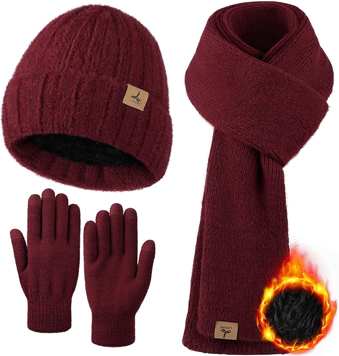 LOROME Winter Beanie Hat Gloves Scarf, Cashmere Hat Gloves Scarf Set Women