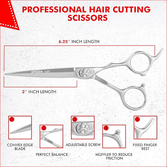 Nixcer Professional Series Hair Cutting Scissors, 6.25" Arc Convex