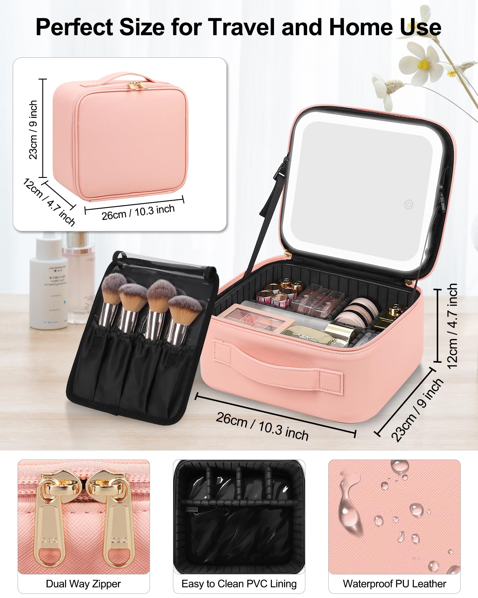 Chomeiu Makeup Bag with LED Mirror, Cute Cosmetic Bags Birthday Gifts for Girls Women, Makeup Train Case Artists Organizer Large Make Up Bags with Light Up Mirror 3 Color Lights, Pink 2