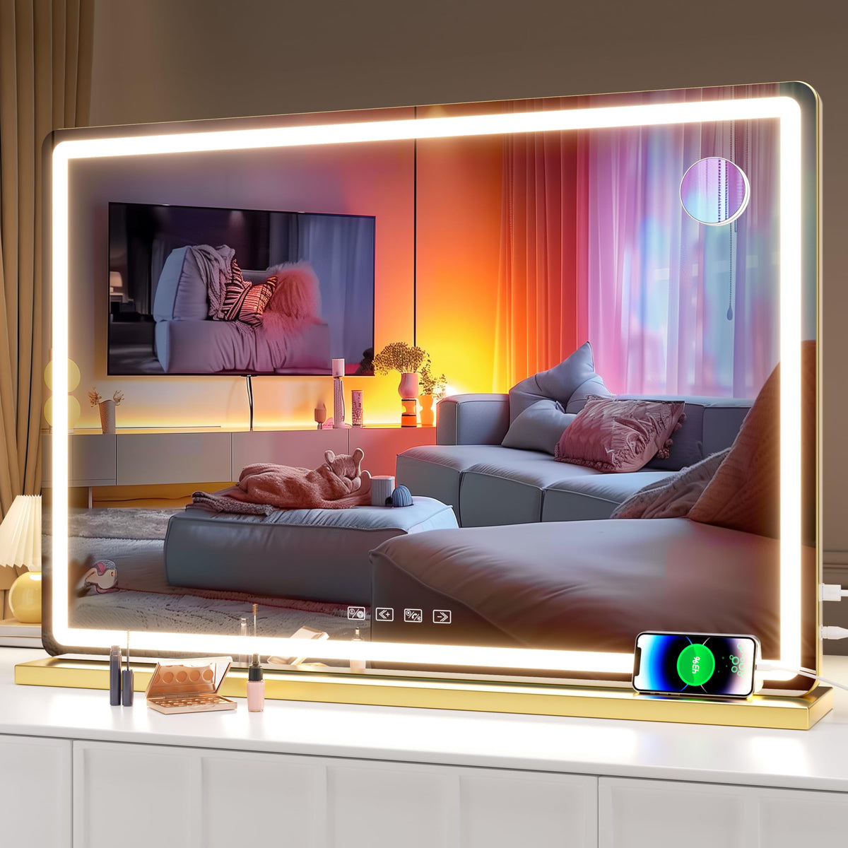Hasipu Vanity Mirror with Lights, 27.6" x 20" LED Makeup Mirror, Lighted Makeup Mirror with Dimmable 3 Modes, Touch Screen Control Vanity Mirror Round Gold