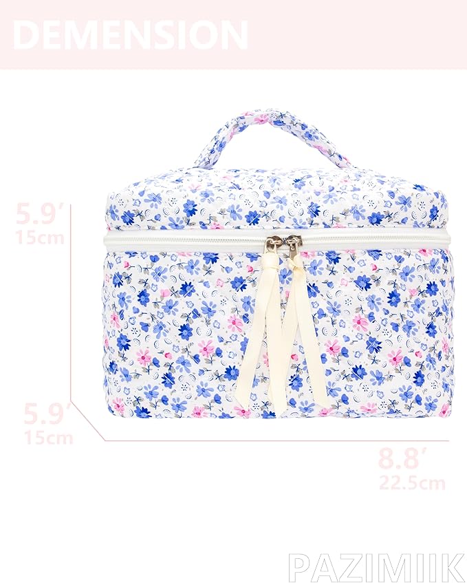 Quilted Makeup Bag for Women, Travel Cosmetic&Toiletry Bag,Floral Blue