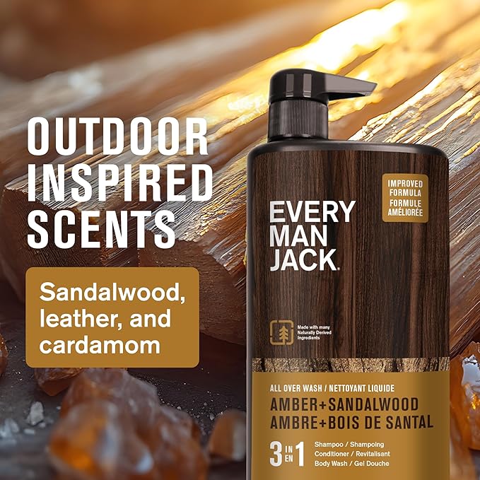 Every Man Jack 3-in-1 All Over Body Wash for Men, Amber Sandalwood, 2pk