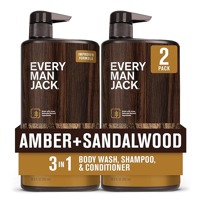 Every Man Jack 3-in-1 All Over Body Wash for Men, Amber Sandalwood, 2pk