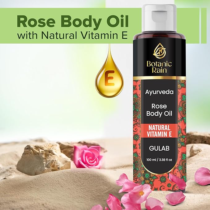 Rose Ayurveda Body Oil After Shower for Dry & Crepey Skin – Non Greasy Lightweight Moisturizer with Vitamin E, 3.38 Fl Oz – Botanic Rain