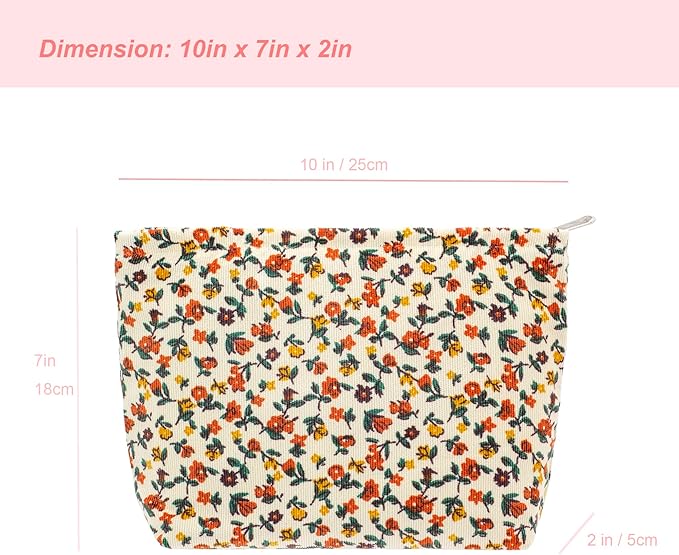 Flat Makeup Bag for Women,Zipper Cosmetic Pouch for Purse,Floral White