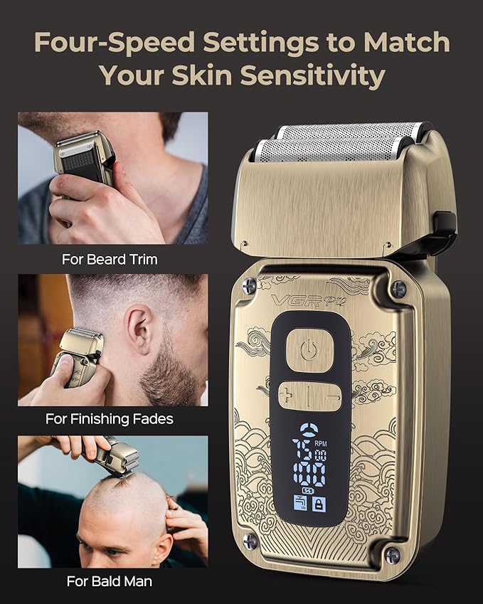 VGRPRO Foil Shaver for Men, Electric Razor for Men Face Beard, Waterproof Cordless Electric Razor for Travel, 4-Speed Setting, USB-C Rechargeable, LED Battery Display, Barber or Home Use (Black)