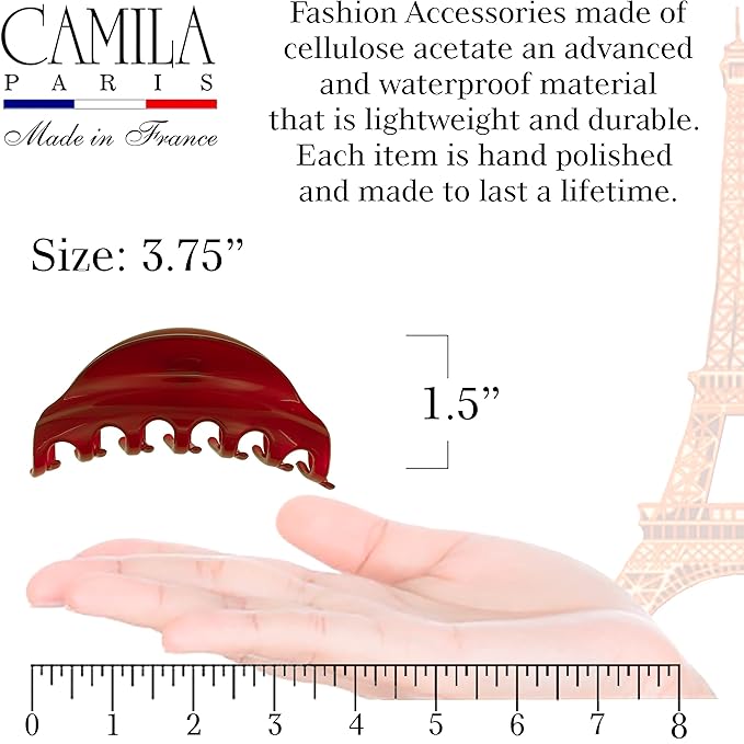 Camila Paris CP2529 French Hair Clips for Women, 3.75" Red Large Claw Clip Strong Hold All Day, Girl Large Claw Clips for Thick Hair, No Damage No Slip Flat Clip for Women. Made in France