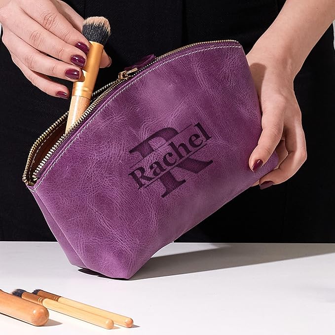 HARDISTON Personalized Leather Makeup Bag, Cosmetic Bag with Italian Zipper