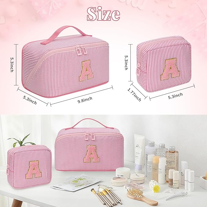Travel Makeup Bag for Women, 2Pcs Portable Personalized Initial Makeup Organizer Bag, Open Flat Large Cosmetic Bag With Travel Essential Pouch (Pink Letter Y)