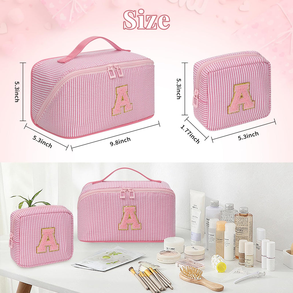 2026 Graduation Gifts - Travel Makeup Bag for Women, 2Pcs Portable Personalized Initial Makeup Organizer Bag, Open Flat Large Cosmetic Bag With Travel Essential Pouch (Pink Letter H)