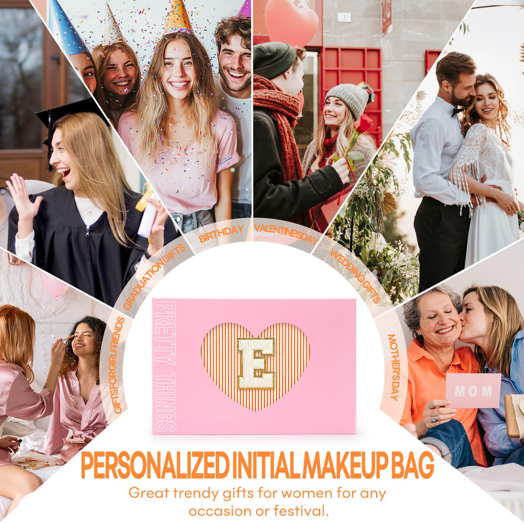 mibasies 2 PCS Initial Makeup Bags for Women: Cosmetic Bag for Travel Toiletry - Personalized Cute Makeup Pouch - Gifts for Grilfriend Wife Moms Bridesmaid - Retirement Travel Gifts - Orange E