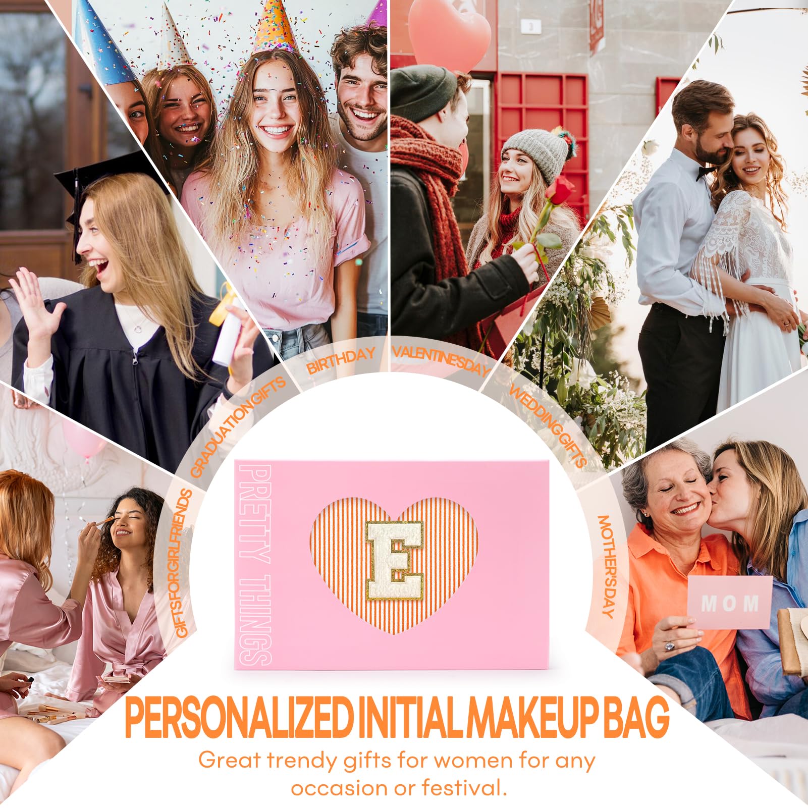 mibasies 2 PCS Initial Makeup Bags for Women: Cosmetic Bag for Travel Toiletry - Personalized Cute Makeup Pouch - Gifts for Grilfriend Wife Moms Bridesmaid - Retirement Travel Gifts - Orange E