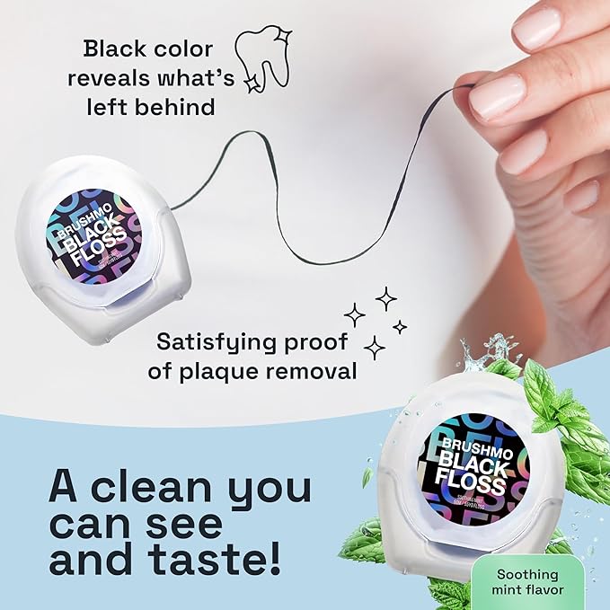 Brushmo Black Floss (BBFloss) - Expanding Floss, Gum-Friendly Soothing Mint Dental Floss, Natural Vegan Wax to Remove Plaque from Teeth, US-Dentist Designed PTFE & PFAS Free Oral Care, 1 Spool, 55 yd