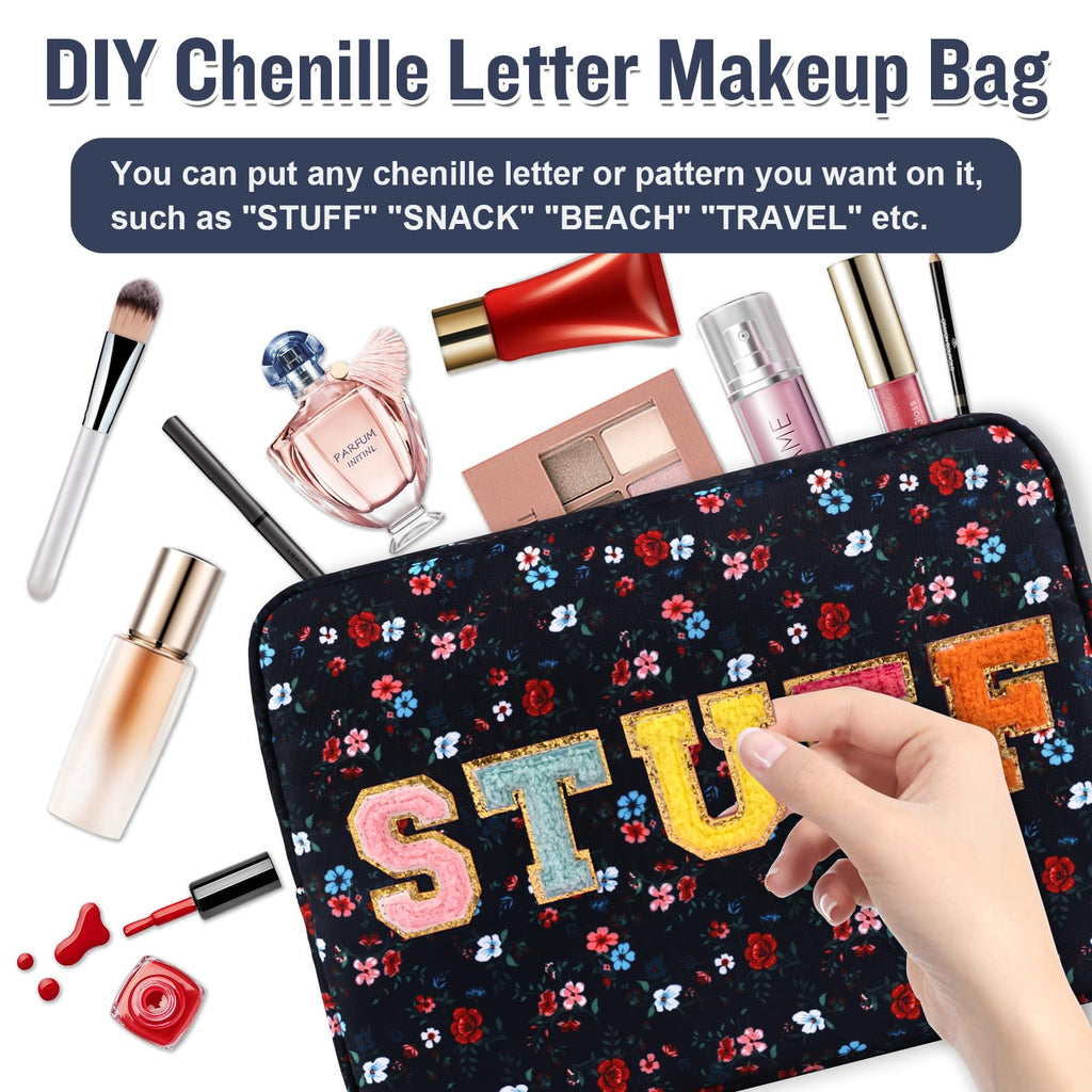Nylon Large Floral Makeup Organizer Bag, Preppy Big Cute Flower Cosmetic Zipper Pouch Multi-compartment with Dividers, Waterproof Toiletry Makeup Brushes Travel Essentials for Women(Navy Blue-Flower)