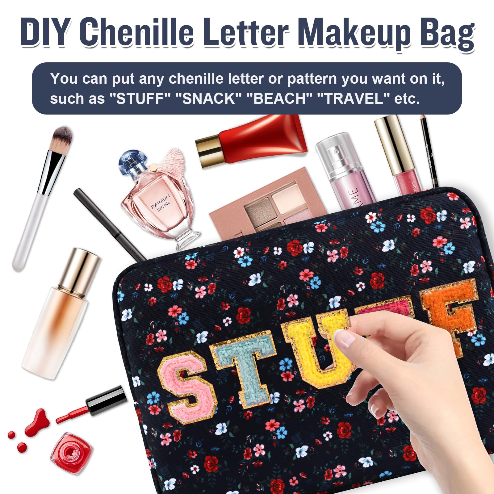 Nylon Large Floral Makeup Organizer Bag, Preppy Big Cute Flower Cosmetic Zipper Pouch Multi-compartment with Dividers, Waterproof Toiletry Makeup Brushes Travel Essentials for Women(Navy Blue-Flower)