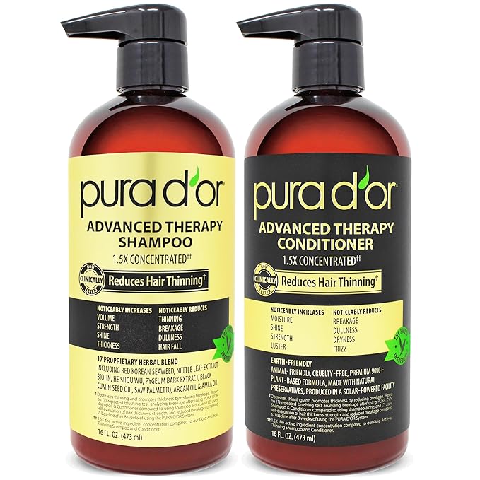 PURA D'OR Advanced Therapy Biotin Shampoo & Hair Regrowth Conditioner Set For Hair Thinning, CLINICALLY TESTED Effective Thickening Results, For Women & Men, Invigorating Forest Scent, 16oz x2