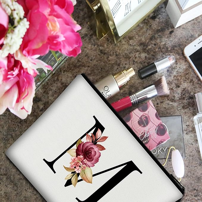 Vavabox A-Z Personalized Makeup Bag, Birthday Gifts for Women Mom, Gifts for Best Friend, Bride Bridesmaid Cosmetic bag (M, 01-White)