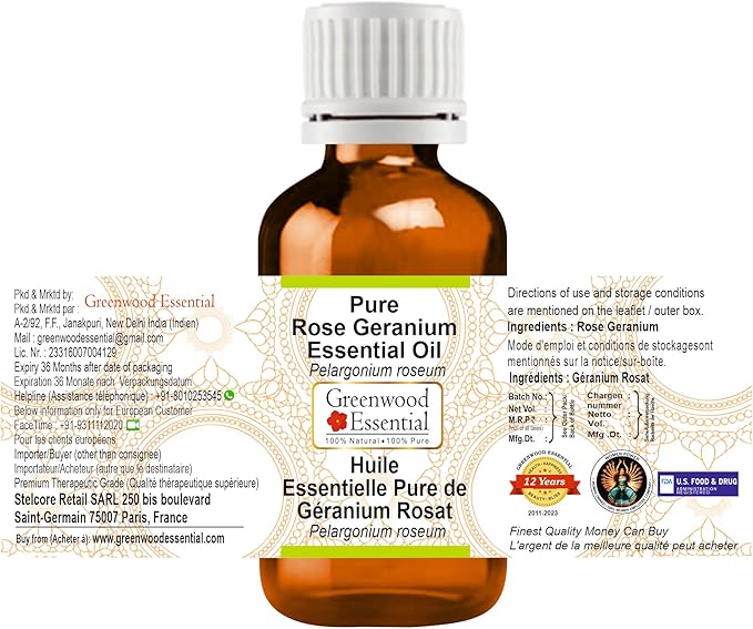 Greenwood Essential Rose Geranium Essential Oil (Pelargonium roseum) Pure | Non-Sticky | Non-Greasy | Lightweight | Men & Women | All Skin Types | Steam Distilled 10ml (0.33 oz)
