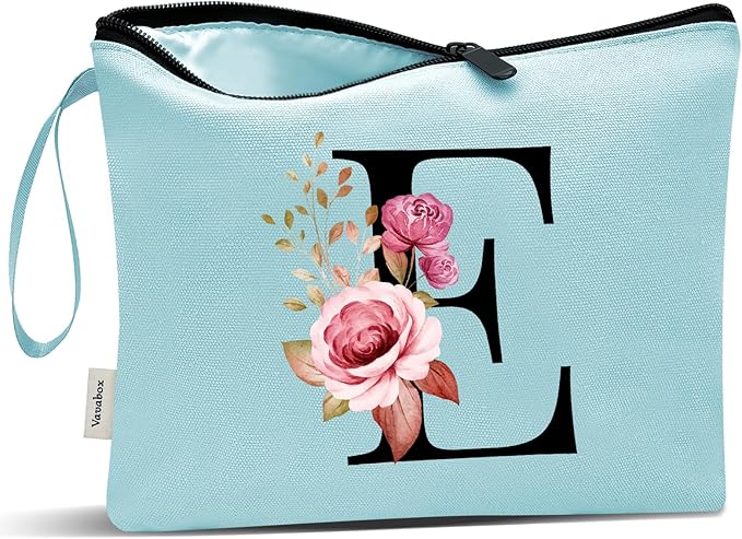 Vavabox A-Z Personalized Makeup Bag, Birthday Gifts for Women Mom, Gifts for Best Friend, Bride Bridesmaid Cosmetic bag (E, Aqua)