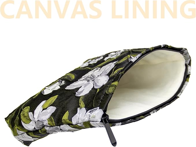 Flat Makeup Bag for Women,Zipper Cosmetic Pouch Purse,Brocade Floral Black
