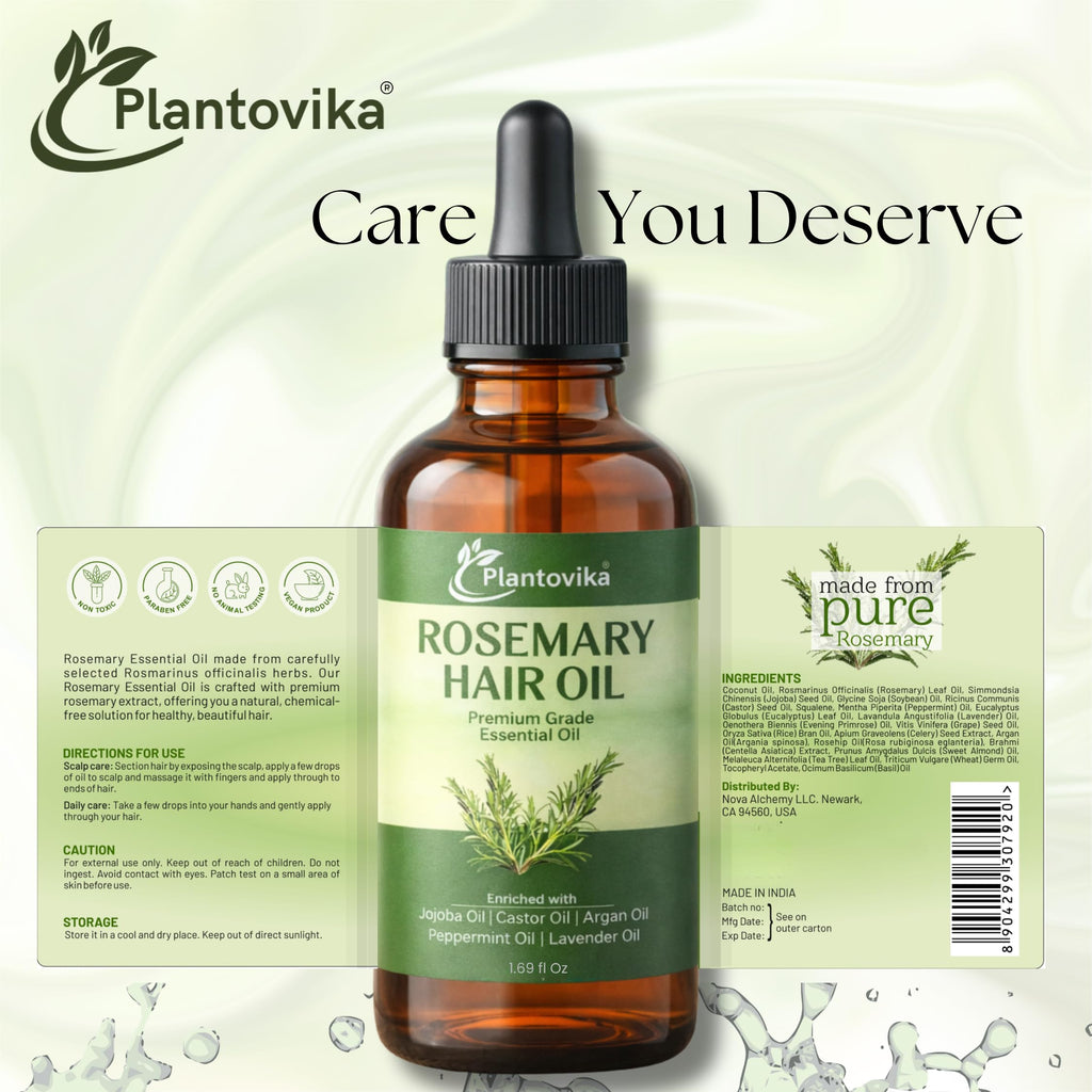 Plantovika Rosemary Oil for Hair Growth, Enriched with Jojoba, Castor, Argan, Peppermint & Lavender Oils, Scalp & Hair Strengthening Treatment, 1.69 oz