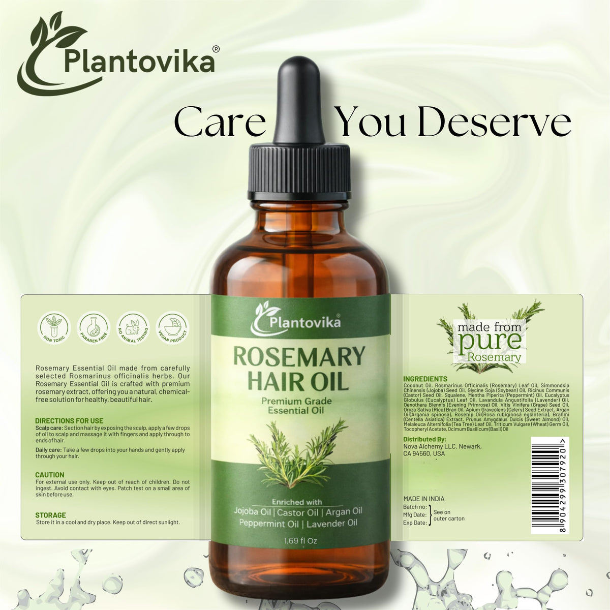Plantovika Rosemary Oil for Hair Growth, Enriched with Jojoba, Castor, Argan, Peppermint & Lavender Oils, Scalp & Hair Strengthening Treatment, 1.69 oz