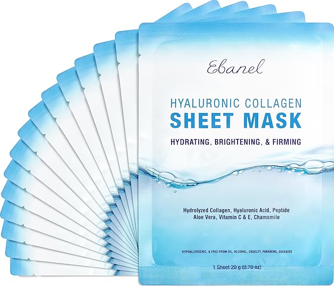 Ebanel 15-Pack Collagen Face Mask with Hyaluronic Acid, Vitamin C, Peptide
