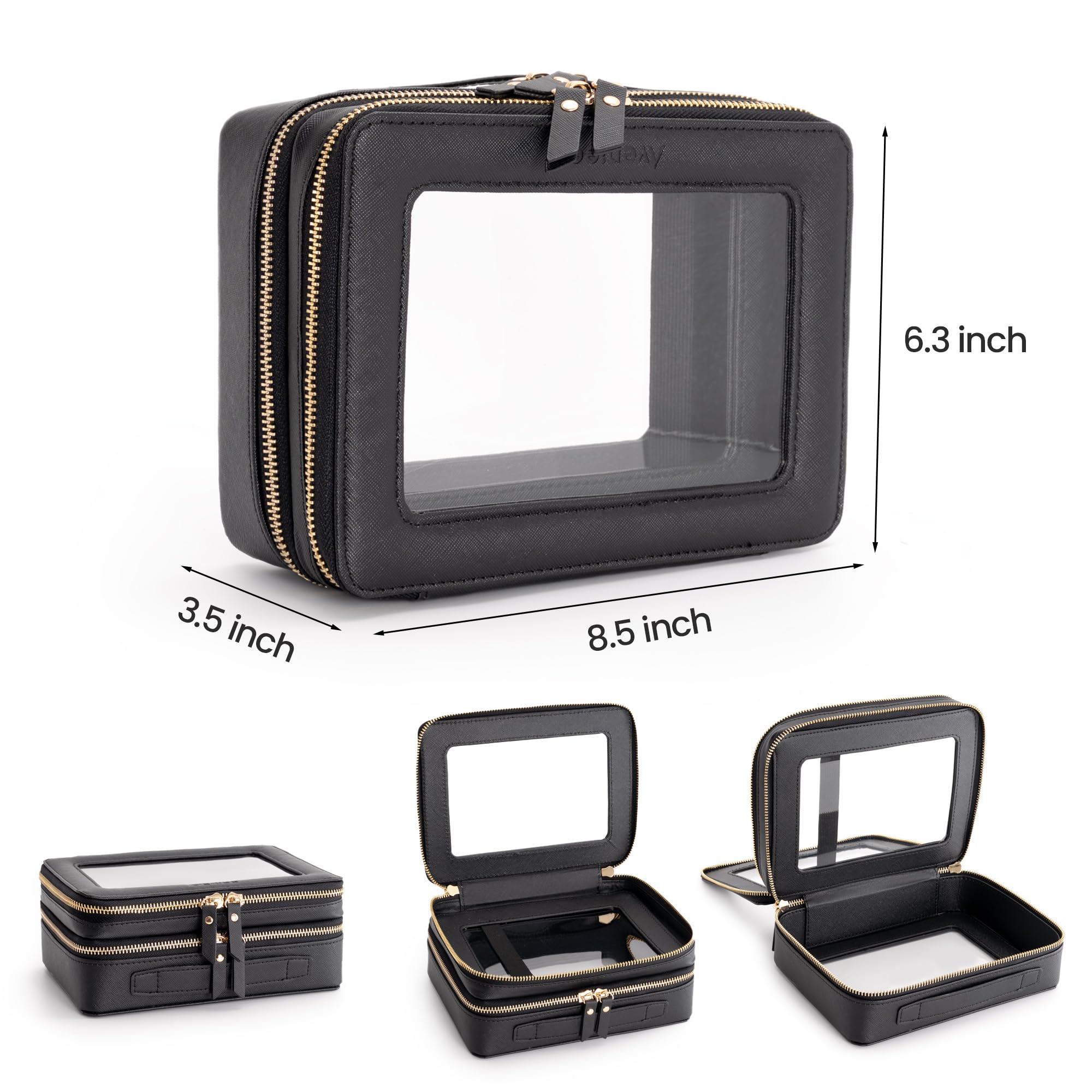 Aveniee Clear Makeup Bags,Double Layer Cosmetic Bags with Separate Brush Compartment,Large Travel Toiletry Bag Cosmetic Case,Travel Accessories Organizer for Women,2 Layers,Black