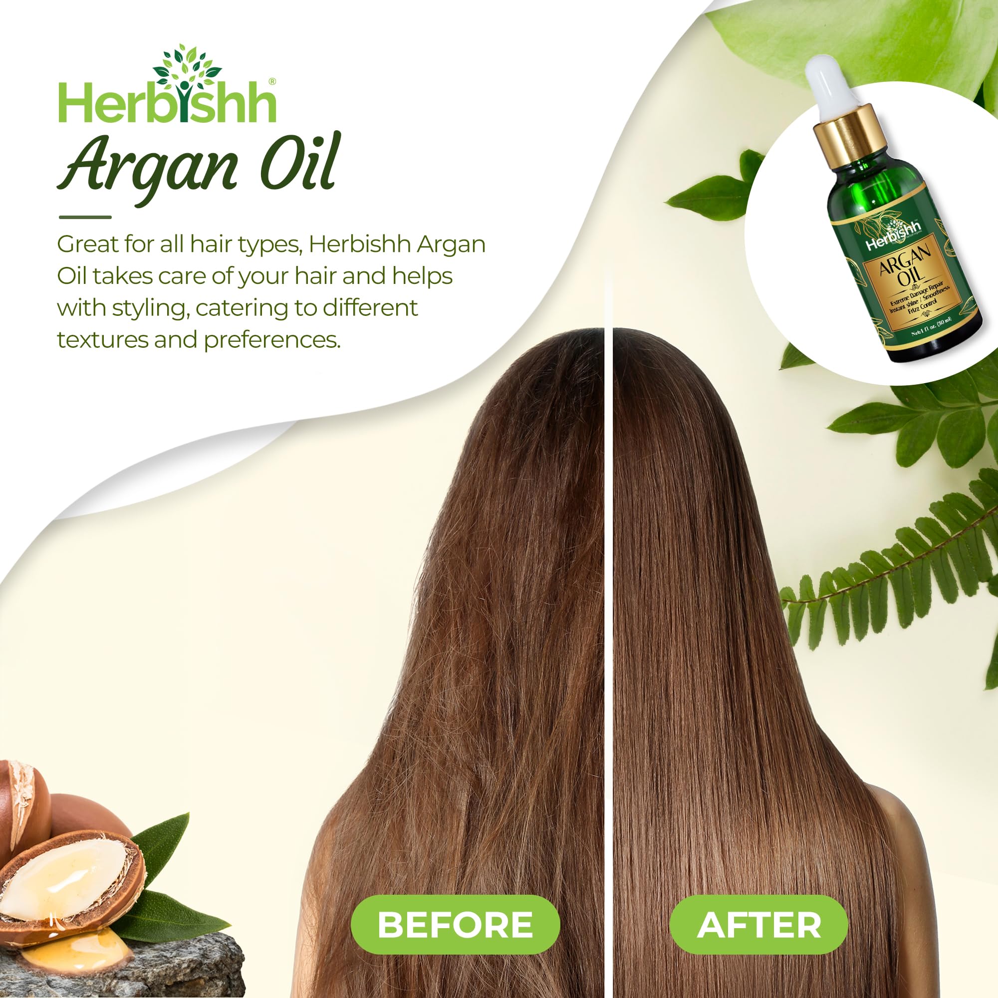 Herbishh Argan Moroccan Oil for Hair (30 ml Each) Serum & Hair Growth Oil Set, Frizz Control Anti Frizz Treatment, Split End Repair, Heat Protectant Leave In Serum Pack of 3, Lightweight Non-Greasy