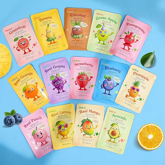 KONEUK 28 Pack Fruit Face Masks Skincare for Kids Girls, Sheet Face Mask