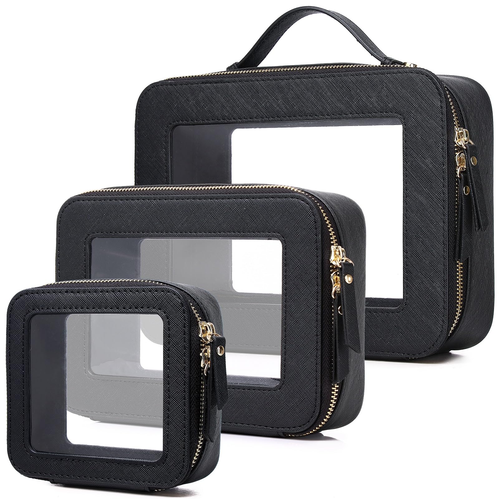 Pinkmik Clear Makeup Bag Waterproof Travel Case for Cosmetics and Toiletries Women's Purse Organizer and Clear Car Bag with Zipper (Black, L+M+MINI)
