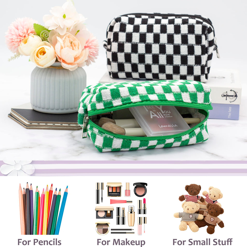 Checkered Makeup Bag for Purse, Small Cosmetic Pouch,Black Green,2 Pack