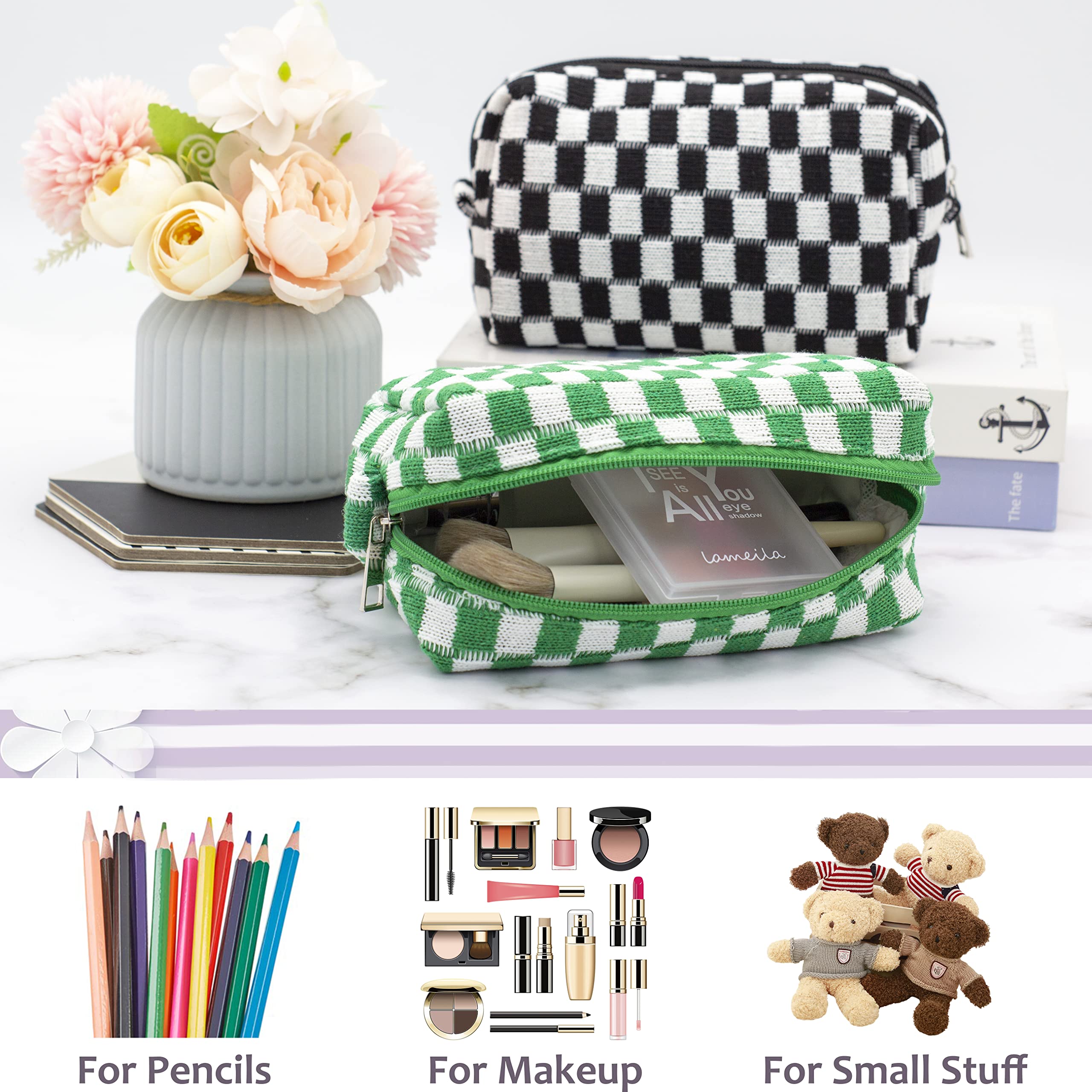 Checkered Makeup Bag for Purse, Small Cosmetic Pouch,Black Green,2 Pack